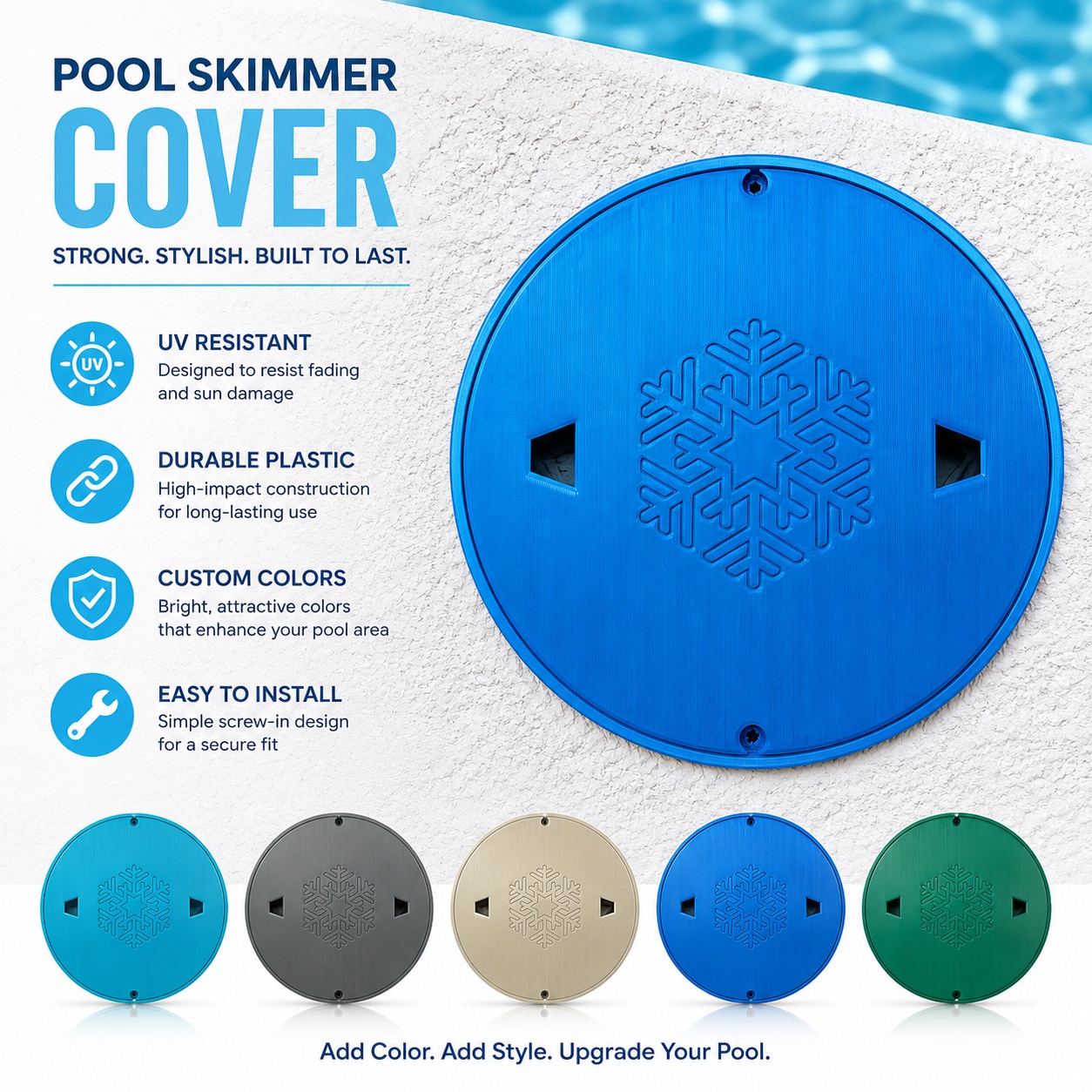 Pool skimmer cover product example showing a 3D printed round cover in multiple colors
